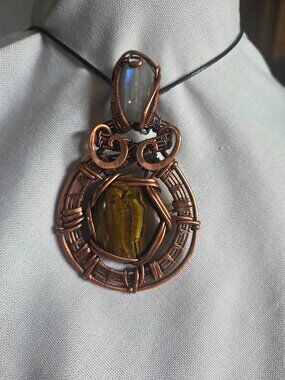 Tiger Eye/Rainbow Moonstone Wire Wrapped Crystal Necklace. Oxidized Copper